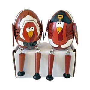 2 Pilgrim Turkey Shelf Sitters Handmade Folk Art Wooden Egg Movable Legs
